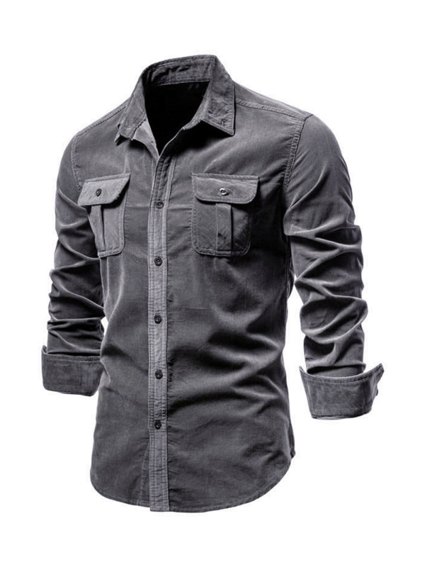Men’s corduroy slim-fit casual long-sleeve shirt - Grey / M