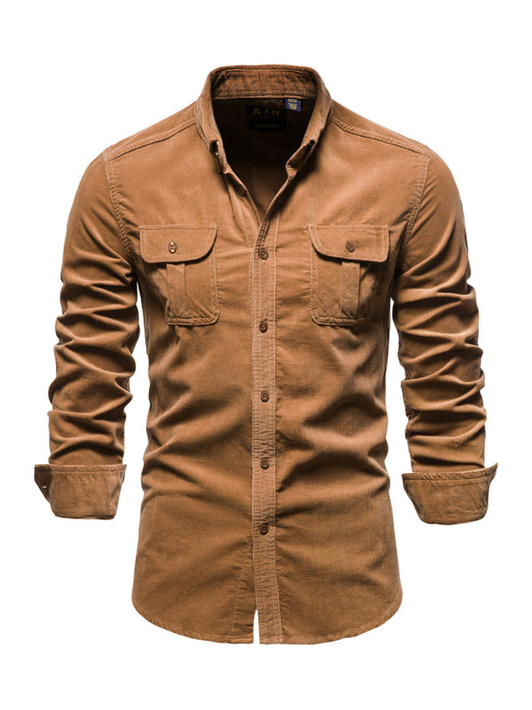 Men’s corduroy slim-fit casual long-sleeve shirt - Khaki / M