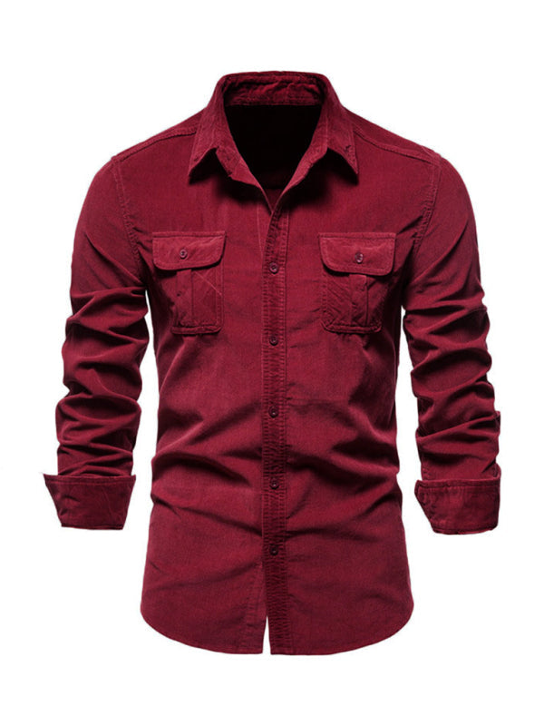 Men’s corduroy slim-fit casual long-sleeve shirt - Wine Red / M
