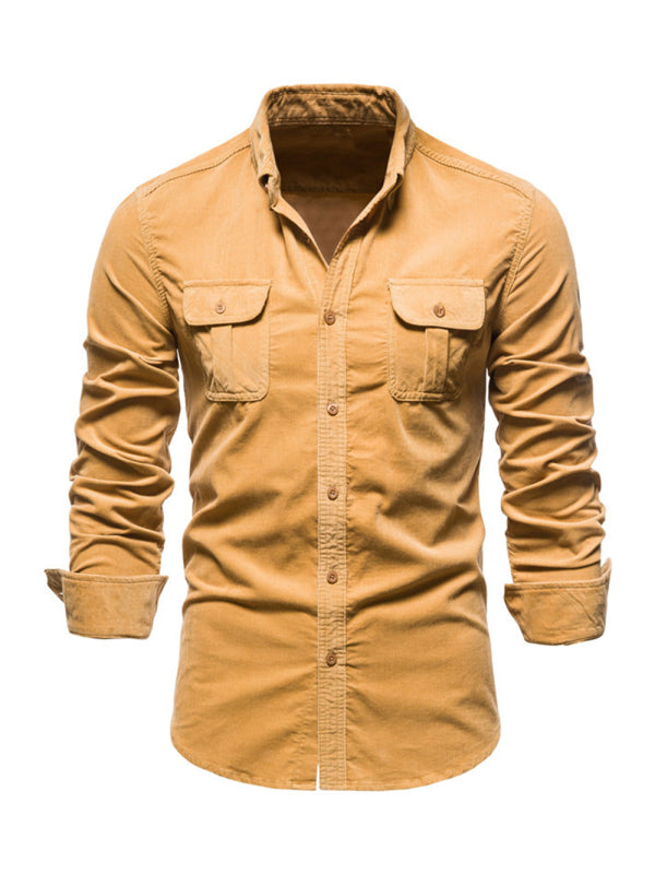Men’s corduroy slim-fit casual long-sleeve shirt - Yellow / M