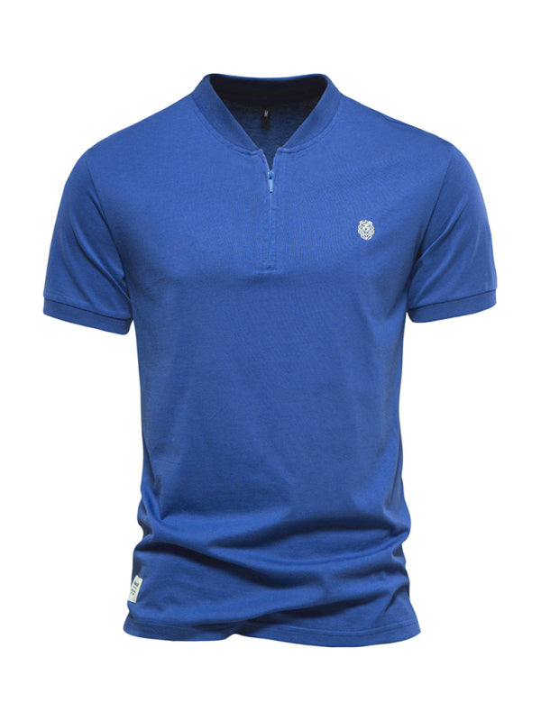 Men’s Cotton V Neck Zipper Short Sleeve T-Shirt - Blue / S
