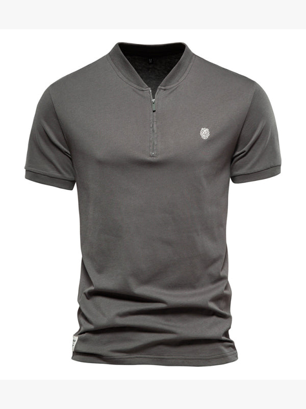 Men’s Cotton V Neck Zipper Short Sleeve T-Shirt - Charcoal grey / S