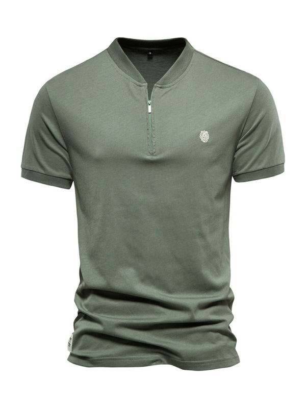 Men’s Cotton V Neck Zipper Short Sleeve T-Shirt - Green / S