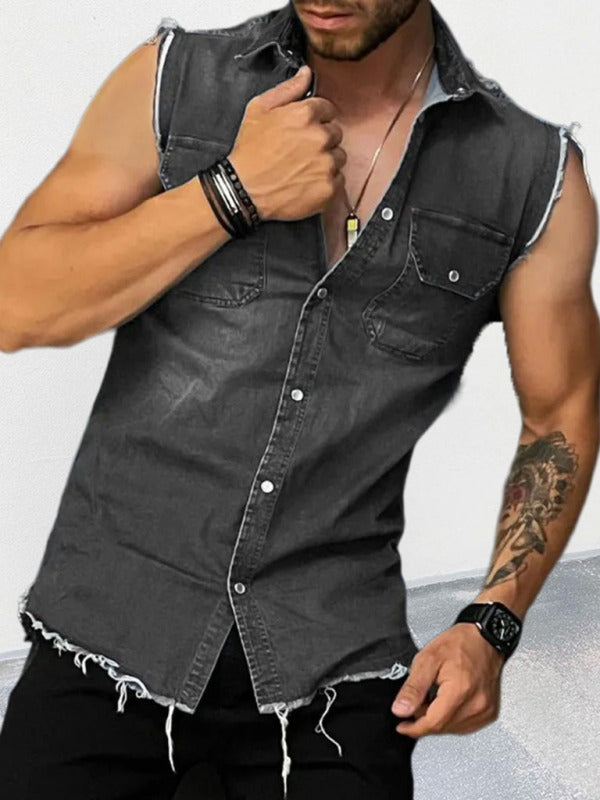 Men’s Denim Lapel Sleeveless Shirt Top