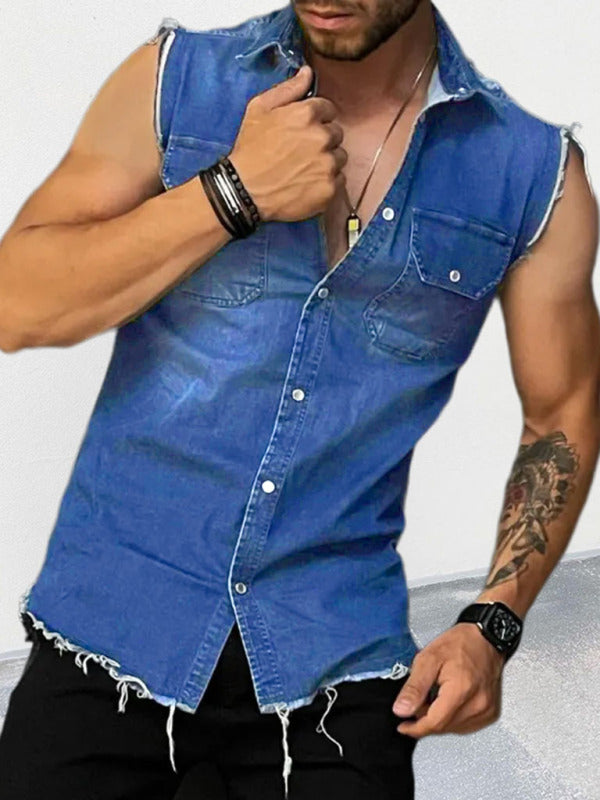 Men’s Denim Lapel Sleeveless Shirt Top