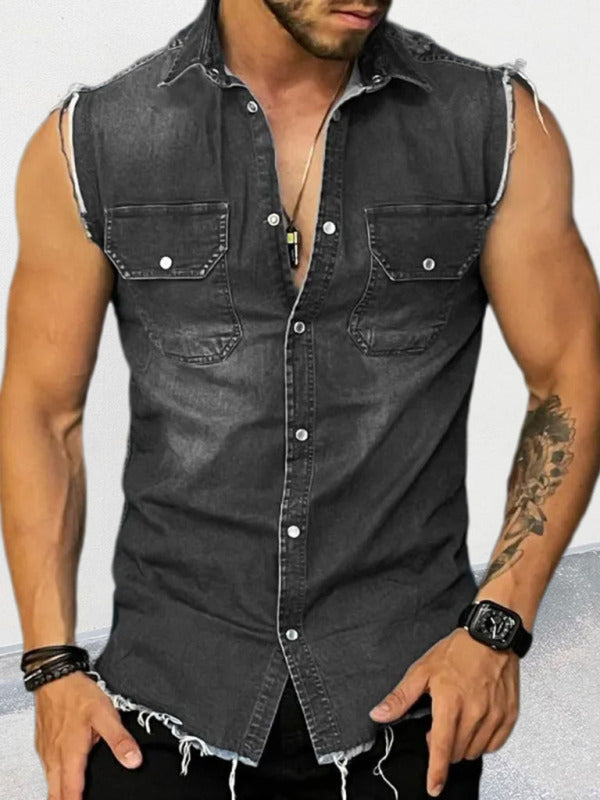Men’s Denim Lapel Sleeveless Shirt Top - Black / S