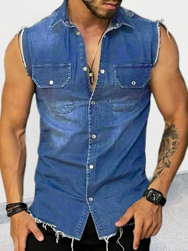 Men’s Denim Lapel Sleeveless Shirt Top - Blue / S