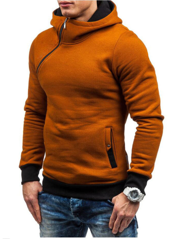 Men’s diagonal zipper solid color long-sleeved hoodie