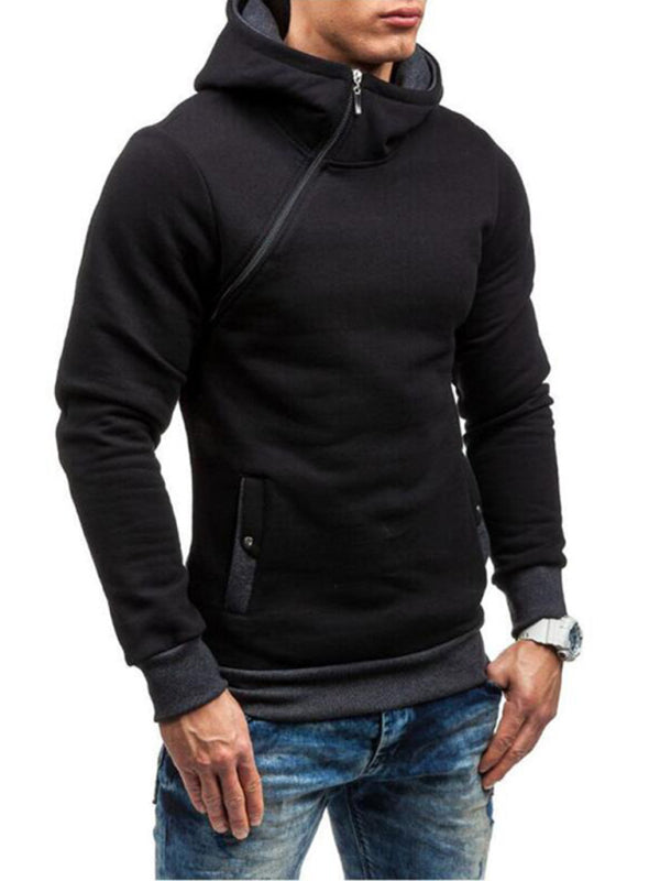 Men’s diagonal zipper solid color long-sleeved hoodie