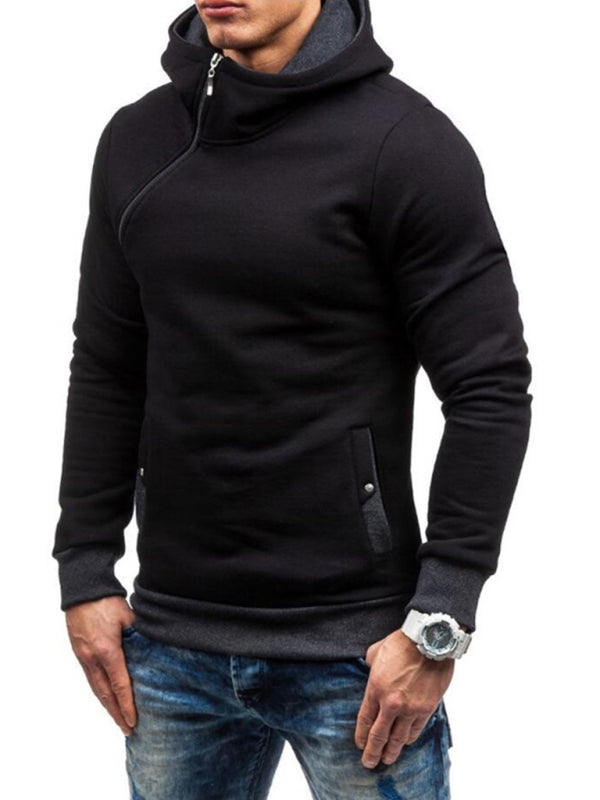 Men’s diagonal zipper solid color long-sleeved hoodie