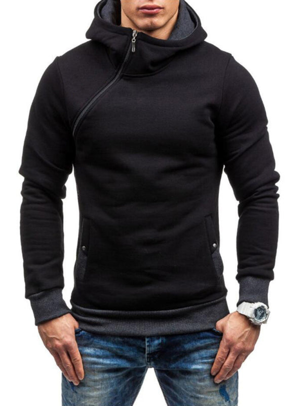 Men’s diagonal zipper solid color long-sleeved hoodie - Black / M