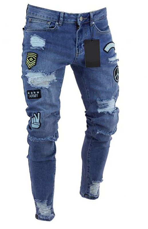 Men’s Distressed Patchwork Knit Denim Jeans