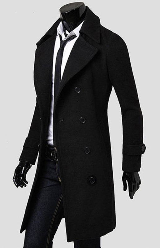 Men’s Double Breasted Lengthened Simple Wool Coat