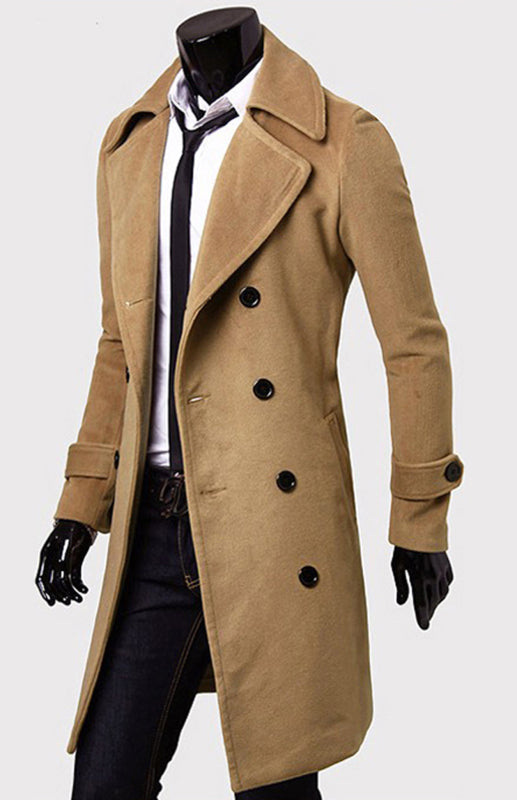 Men’s Double Breasted Lengthened Simple Wool Coat