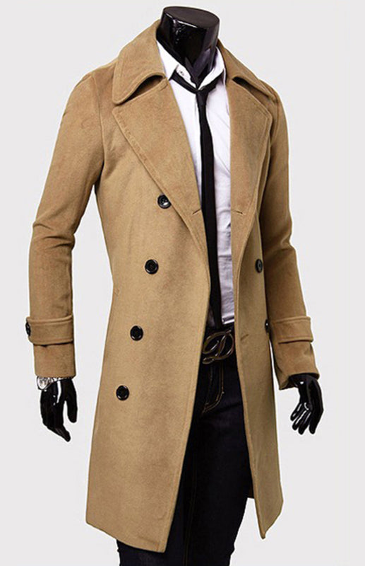 Men’s Double Breasted Lengthened Simple Wool Coat