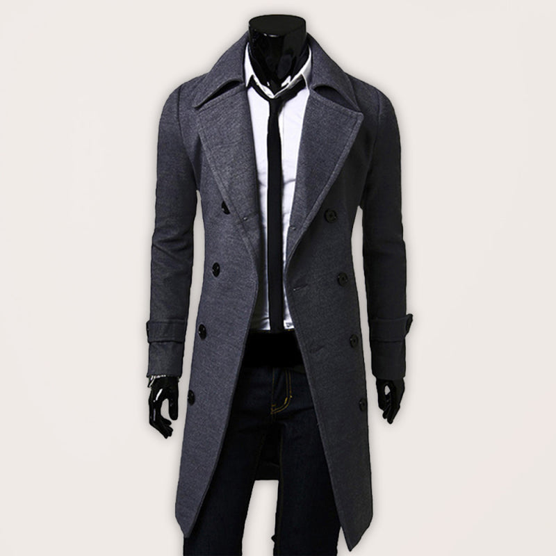 Men’s Double Breasted Lengthened Simple Wool Coat - Grey / M