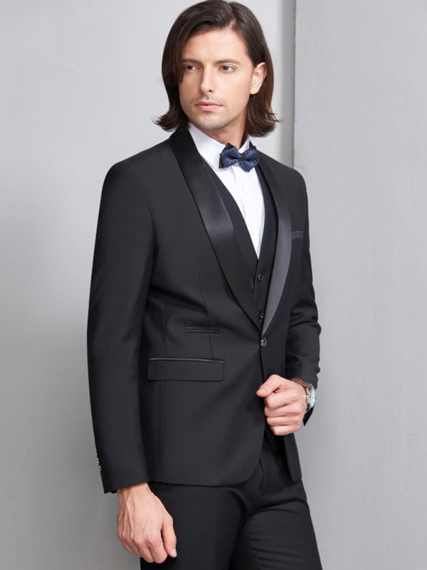 Men’s Elegant Lapel Collar Knit Business Suit - Black / M