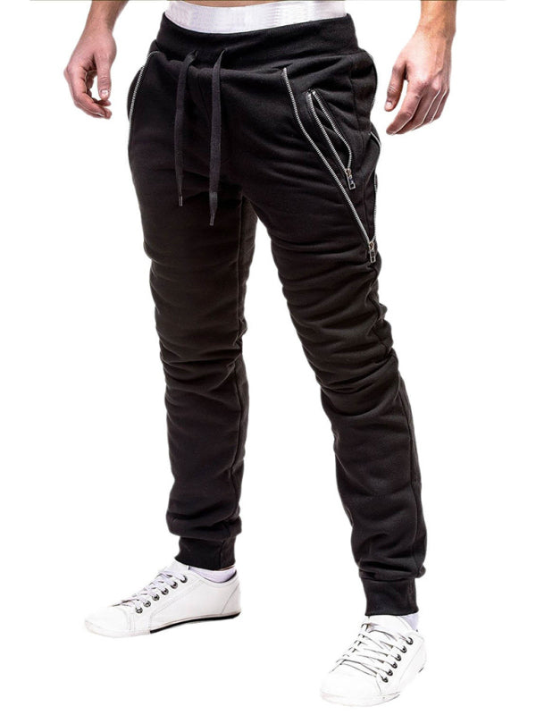 Men’s fashion casual personalized zipper trim trousers - Black / M