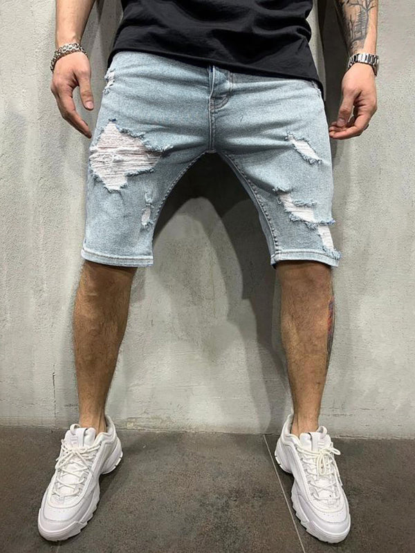 Men’s Fashion Mid Waist Ripped Slim Short Jeans - Denim Blue / S