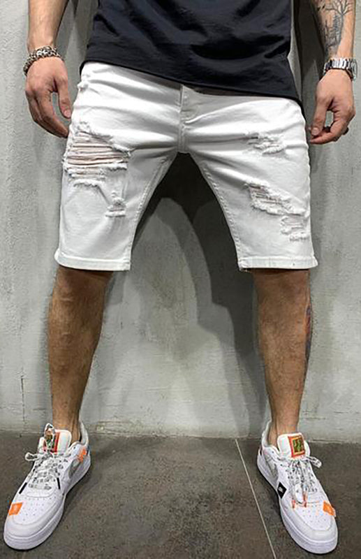Men’s Fashion Mid Waist Ripped Slim Short Jeans - White / S