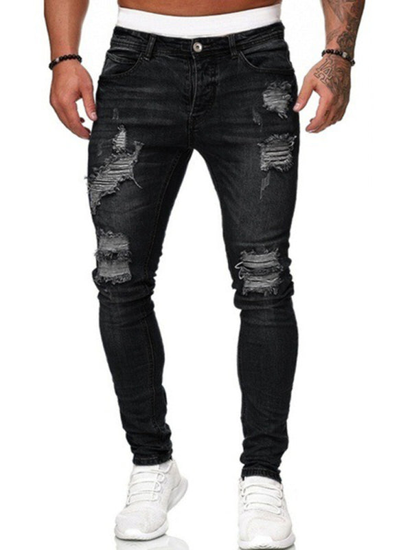 Men’s Fashion Ripped Slim Skinny Jeans - Black / S