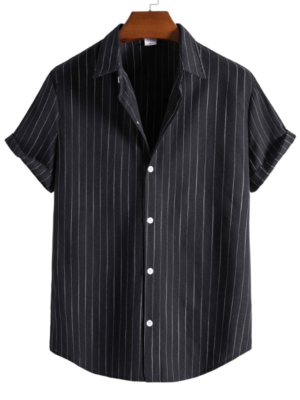 Men’s Fashion Trend Casual Striped Short Sleeve Shirt - Black / S