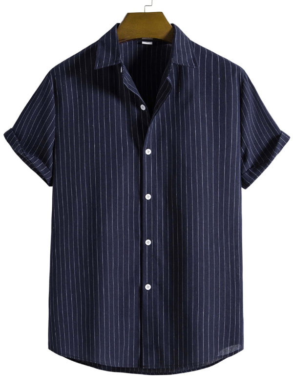 Men’s Fashion Trend Casual Striped Short Sleeve Shirt - Blue / S