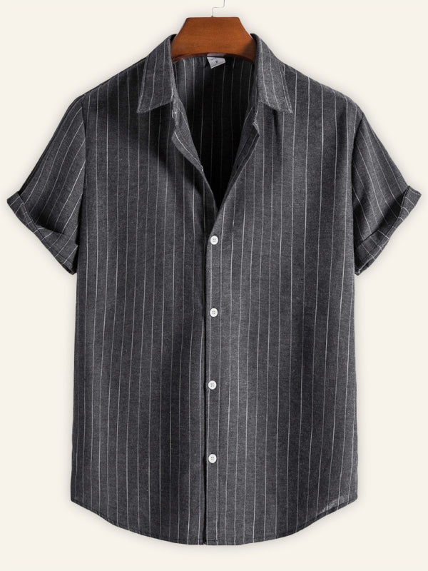 Men’s Fashion Trend Casual Striped Short Sleeve Shirt - Grey / S