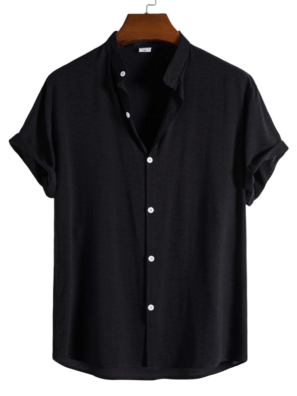Men’s Fashion Trendy Casual Short Sleeve Stand Collar Shirt - Black / S