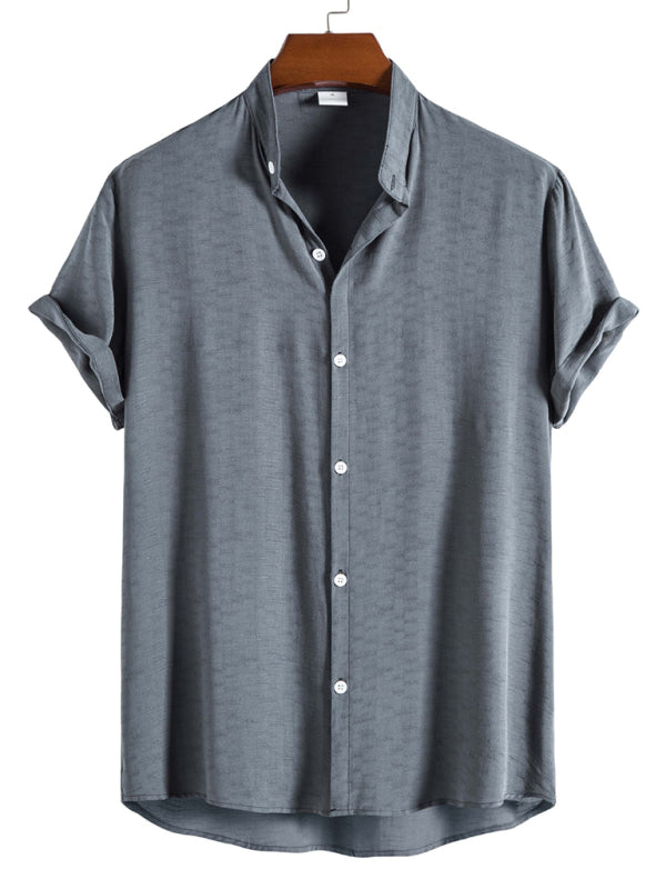Men’s Fashion Trendy Casual Short Sleeve Stand Collar Shirt - Grey / S