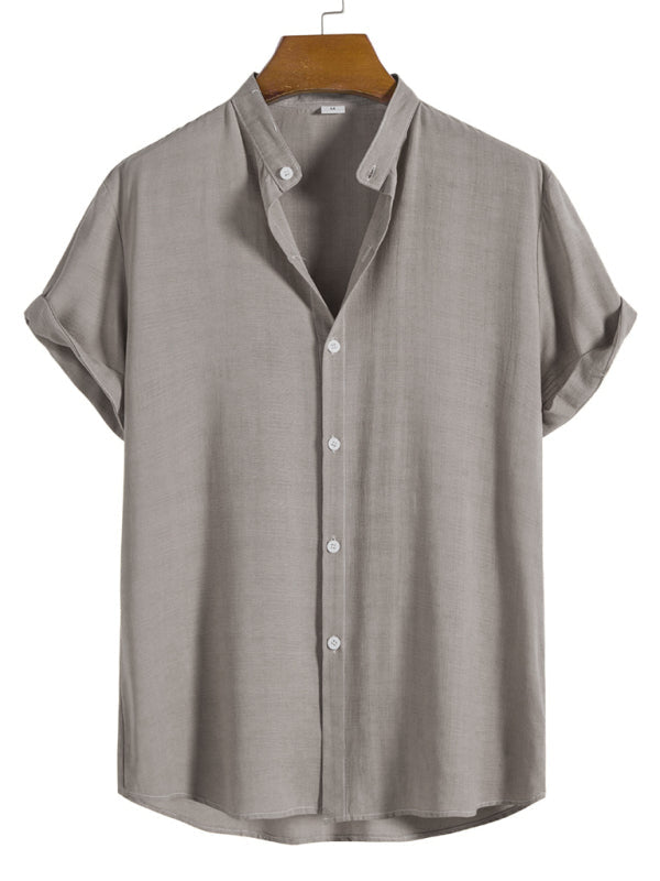 Men’s Fashion Trendy Casual Short Sleeve Stand Collar Shirt - Khaki / S