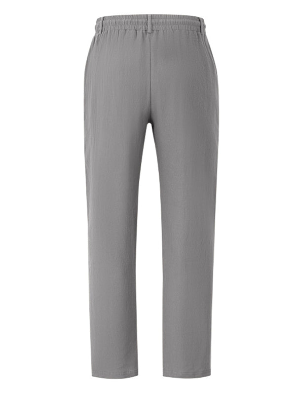 Men’s grey breathable linen loose casual trousers featuring elastic waist for comfort