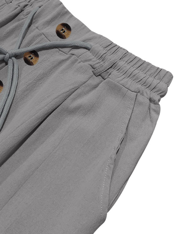 Men’s grey breathable linen loose casual trousers with drawstring waist