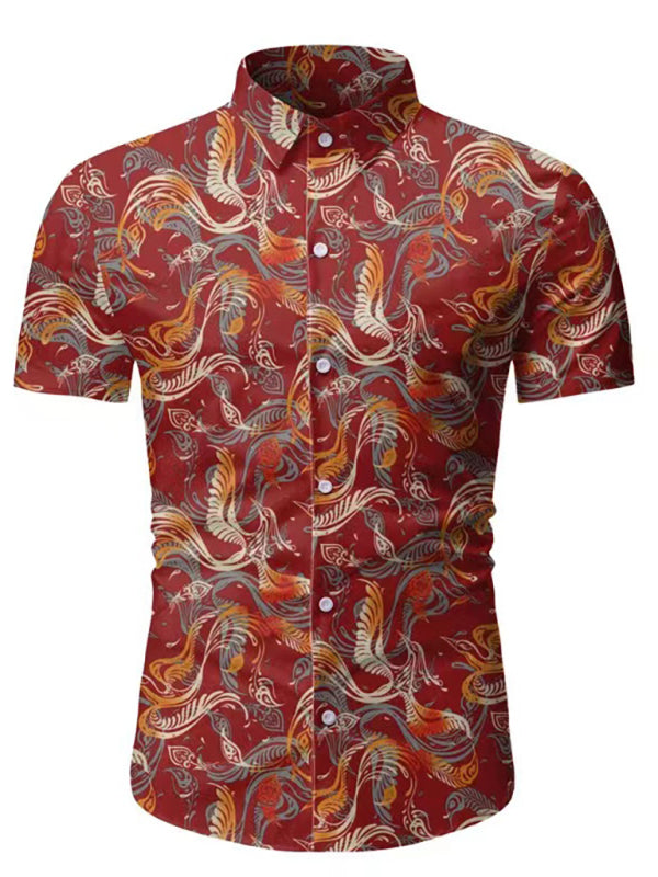 Men’s Hawaiian Shirt Button Down Shirts Short-Sleeve Work Shirt Spread Collar Tops - Red / M