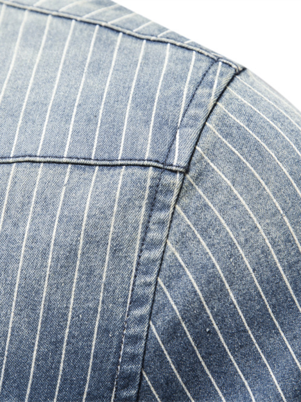 Men’s Heavy Washed Distressed Striped Denim Shirt
