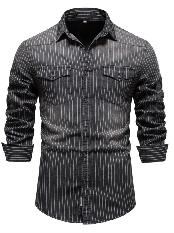 Men’s Heavy Washed Distressed Striped Denim Shirt - Black / S
