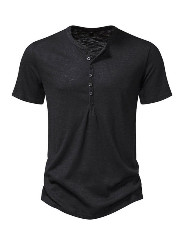 Men’s Henley Casual Fashion Basic Short Sleeve T-Shirt - Black / S