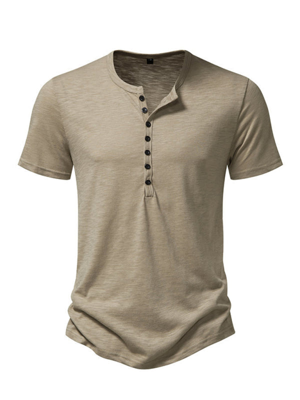 Men’s Henley Casual Fashion Basic Short Sleeve T-Shirt - Khaki / S