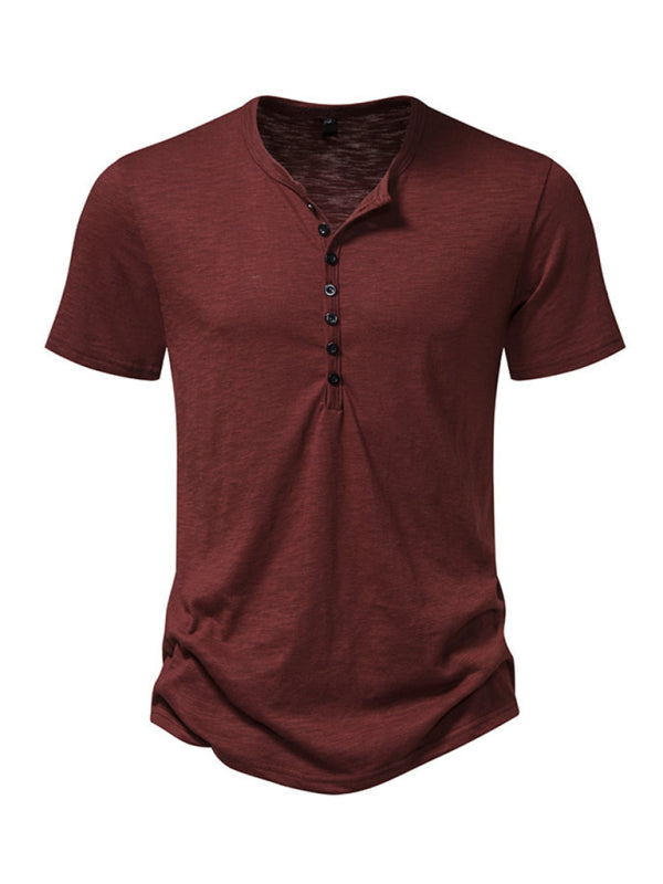 Men’s Henley Casual Fashion Basic Short Sleeve T-Shirt - Wine Red / S