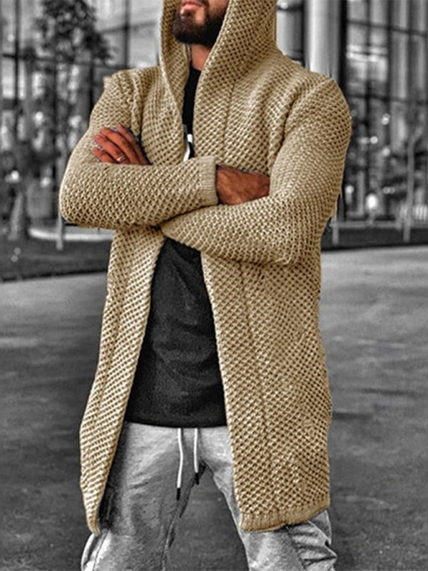 Men’s hooded long sleeve knitted sweater cardigan - Khaki / S