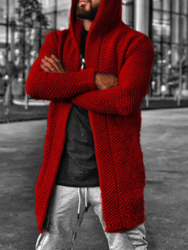 Men’s hooded long sleeve knitted sweater cardigan - Red / S