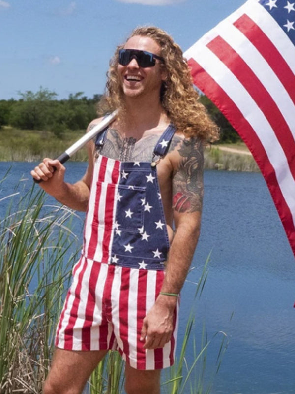 Men’s Independence Day Flag Print Couple Overalls - Red / S