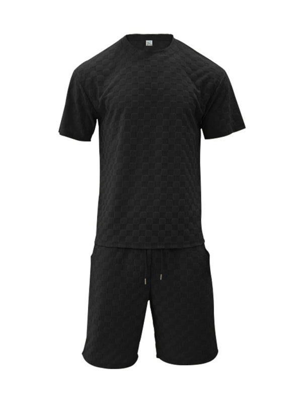 Men’s jacquard checkerboard spring and summer loose sports and leisure two-piece suit