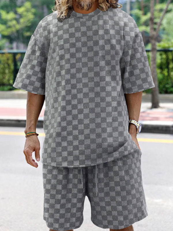 Men’s jacquard checkerboard spring and summer loose sports and leisure two-piece suit - Grey / S