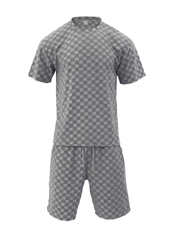 Men’s jacquard checkerboard spring and summer loose sports and leisure two-piece suit