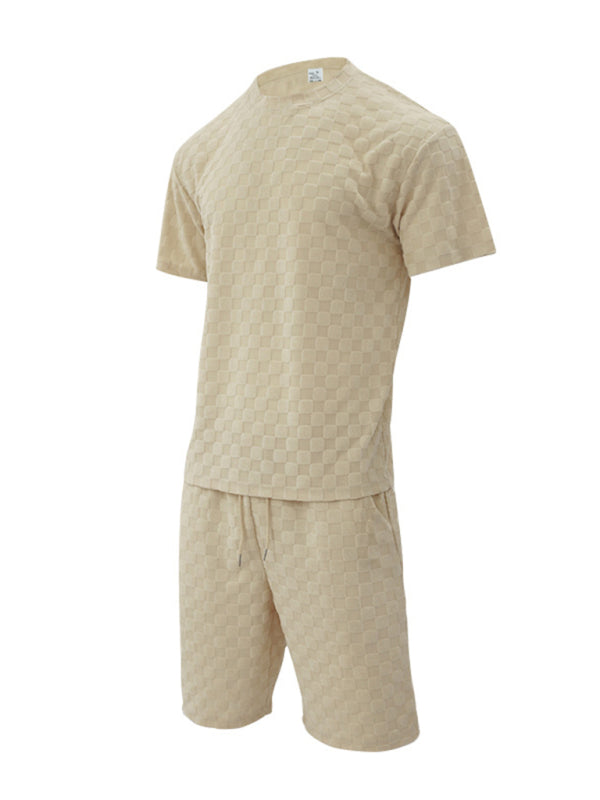 Men’s jacquard checkerboard spring and summer loose sports and leisure two-piece suit
