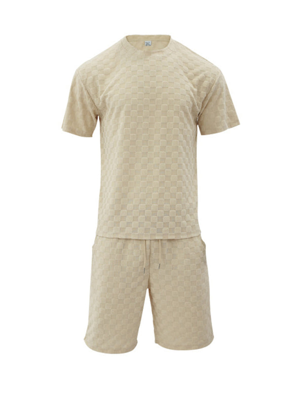 Men’s jacquard checkerboard spring and summer loose sports and leisure two-piece suit