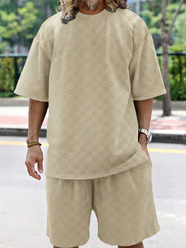 Men’s jacquard checkerboard spring and summer loose sports and leisure two-piece suit - Khaki / S