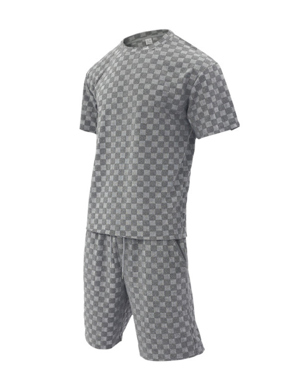 Men’s jacquard checkerboard spring and summer loose sports and leisure two-piece suit