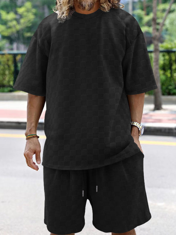 Men’s jacquard checkerboard spring and summer loose sports and leisure two-piece suit - Black / S